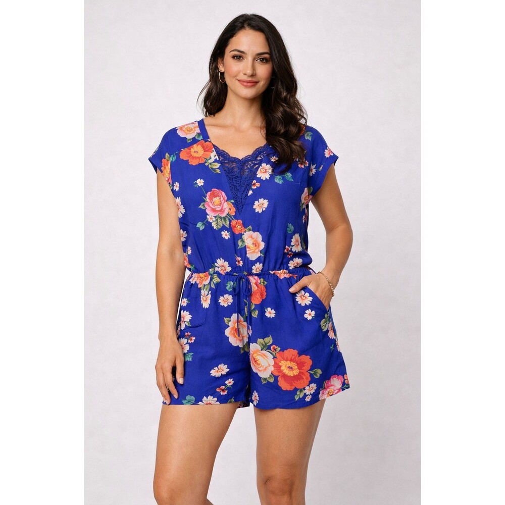 Matilda Jane Out About Floral Romper Women’s Medium Blue Lace V‑Neck Summer